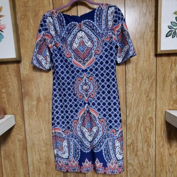 Antonio Melani | Blue and Coral Printed Sheath Dress | Size 4 - Picture 5 of 5